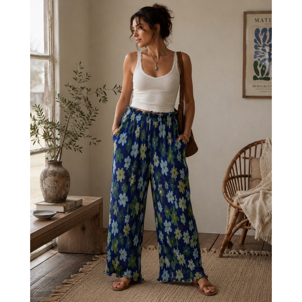 Target Pleated High Waist Pants Floral Wide Leg Blue Green Large NWT